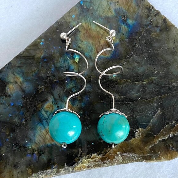 Sterling Silver 925 2.5" Long Spiral Large Faux Turquoise Ball Dangle Earrings - Picture 2 of 16
